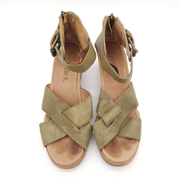 Sorel Joanie II (Womens Size 8) Ankle Strap Zip Wedge Open Sandals Green Leather - Picture 4 of 9